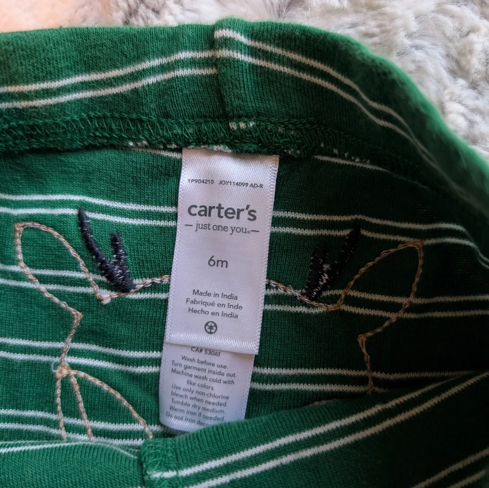 Carter's Reindeer Deer Green White Striped Leggings 6 Month Baby Pants